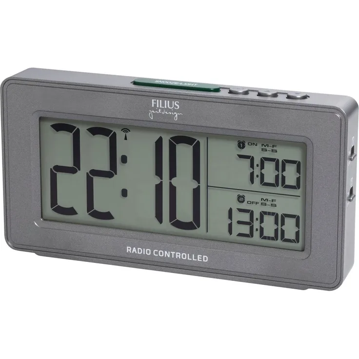 FILIUS zeitdesign Funkwecker 0532-4, digitaler Wecker mit 2 Weckzeiten, grau, inklusive automatischem Kalender und Piepalarm
