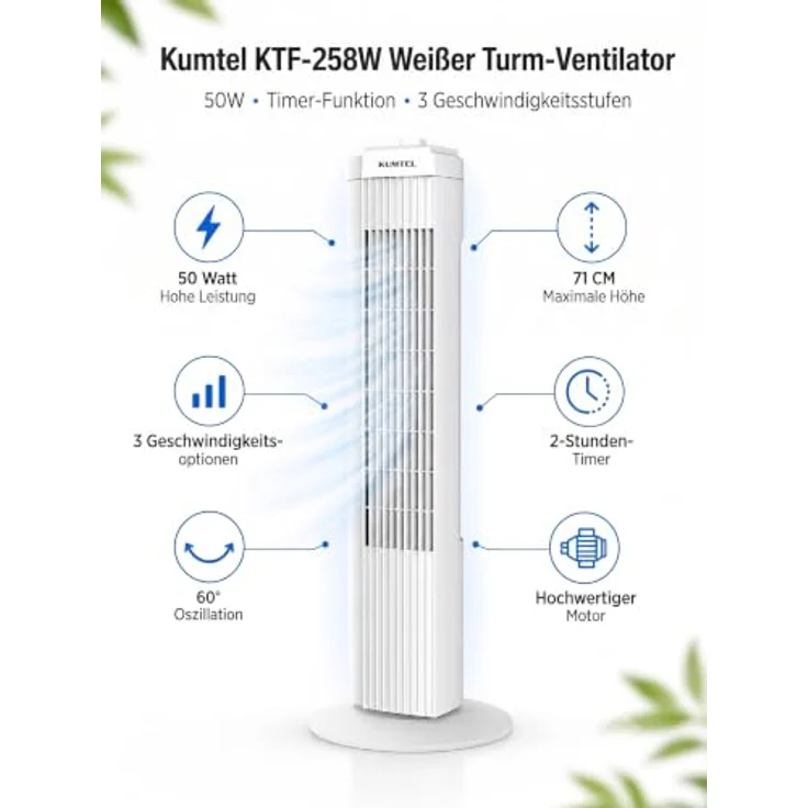 KUMTEL KTF-258W Standventilator, 70 cm Durchmesser, 60° Oszillation, 3 Geschwindigkeitsstufen, 2-Stunden-Timer, maximale Höhe 71 cm, weiß – Bild 6