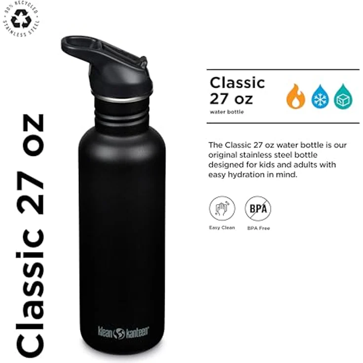 Klean Kanteen Trinkflasche Kanteen®Classic 800ml, Flip Sport Cap, Schwarz Black, BPA-frei, aus 90% recyceltem Edelstahl – Bild 2