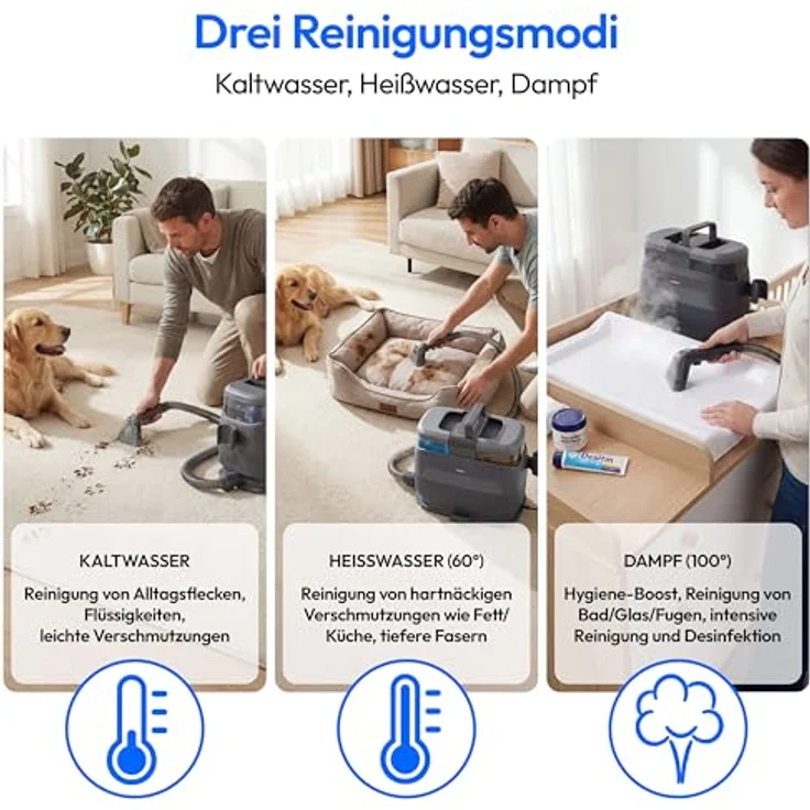 MEDION X10 UC Waschsauger, Nasssauger mit 1650 W Leistung, Kalt-/Heißwasser-Dampf, Frischwassertank 1250 ml, Schmutzwassertank 950 ml, Fenster-Aufsatz, Tragegriff & Rollen, MD100123 – Bild 2