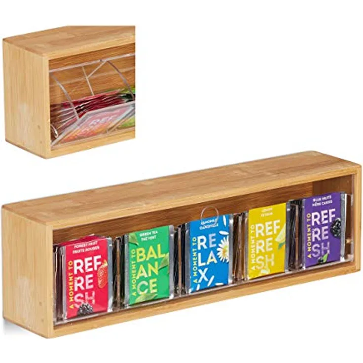 relaxdays Teebox Bambus zum Aufhängen, 5 Fächer für ca. 50 Teebeutel, natur