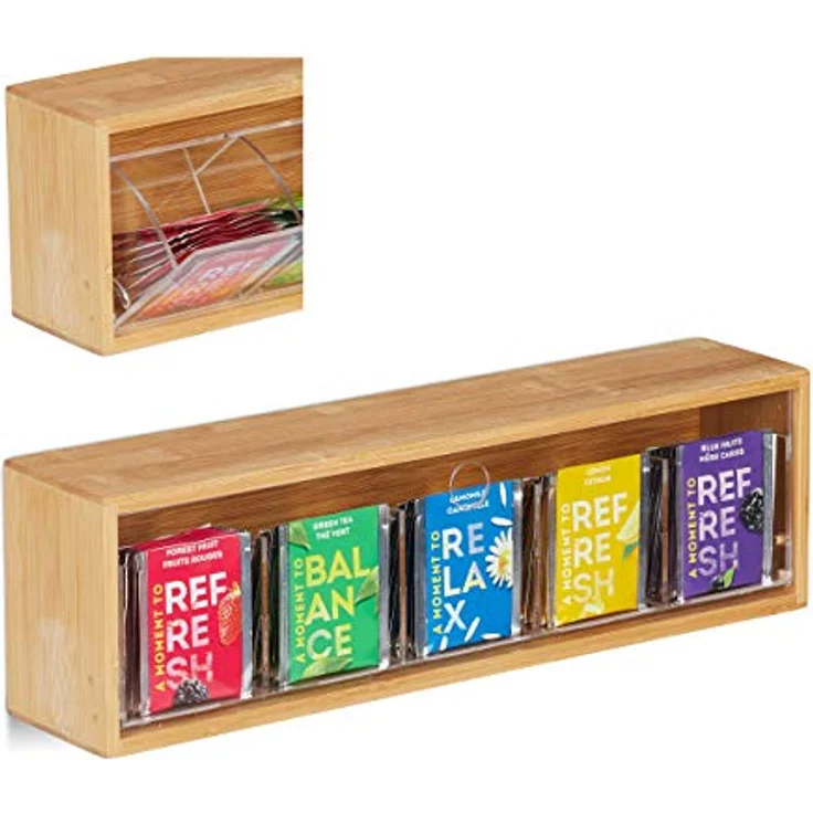 relaxdays Teebox Bambus zum Aufhängen, 5 Fächer für ca. 50 Teebeutel, natur – Bild 1