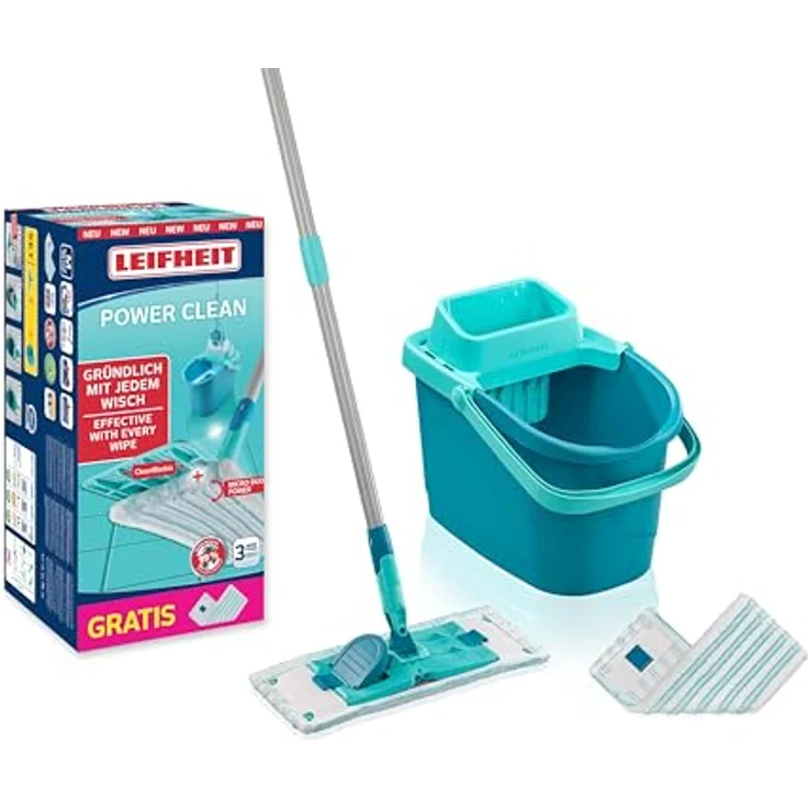 Leifheit Set POWER CLEAN M, rückenschonender Bodenwischer mit Reinigungsklingen und Wischtuchpresse, Wischmopp Set mit Eimer und 2x Mikrofaser Wischbezüge für alle Hartböden, Click-System – Bild 1