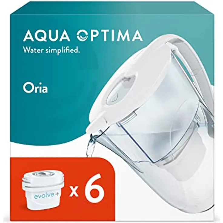 Aqua Optima Oria Wasserfilterkanne & 6 x 30 Tage Evolve+ Wasserfilterkartusche, 2,8 Liter Fassungsvermögen, zur Reduzierung von Mikroplastik, Chlor, Kalk und Verunreinigungen, Weiß
