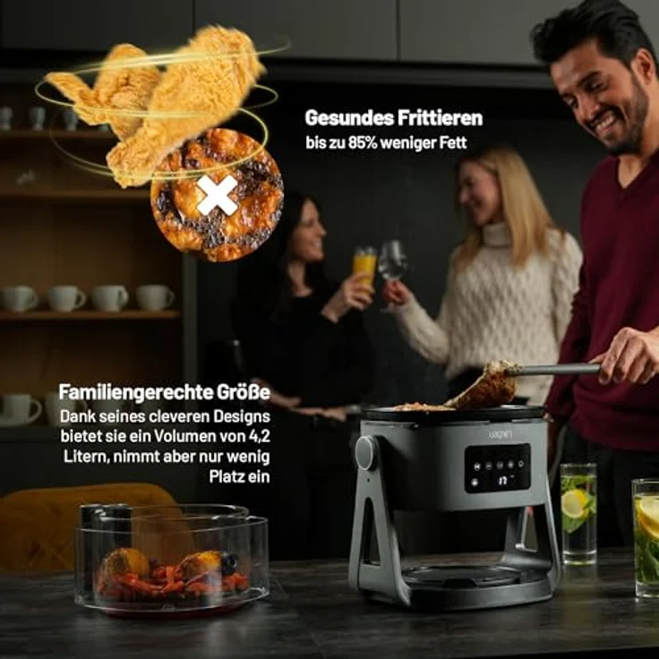 Lauben Glass&Grill Air Fryer 3in1 5500BG Heißluftfritteuse mit 5,5 l Glas-Frittierkorb, 6 Programme + Manuelles Einstellen, Grill- und Bratpfannenfunktion – Bild 4