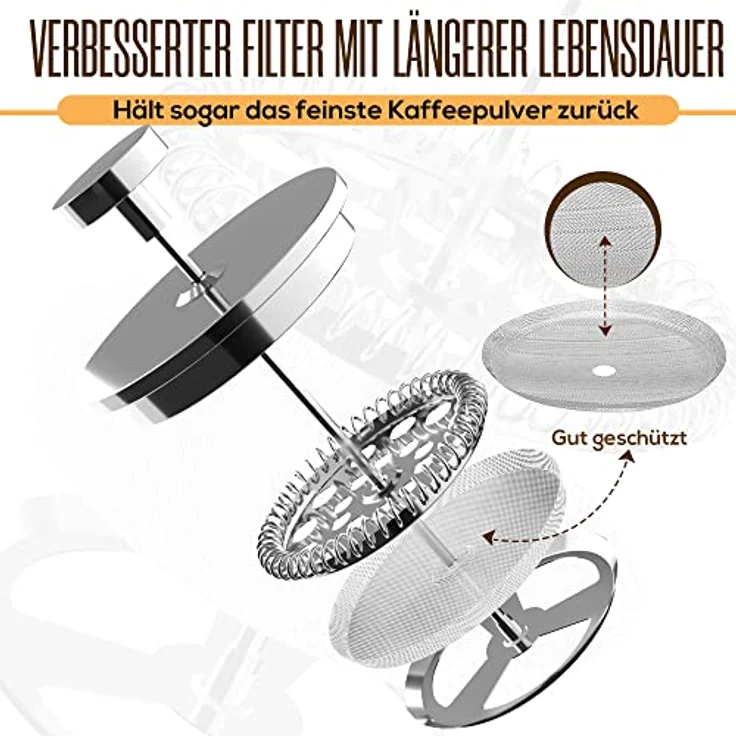 KICHLY French Press 8 Tassen Edelstahl Kaffeebereiter, doppelwandig isoliert mit 3-Stufen Filtrationssystem und 1 extra Filter – 1000ml / 34oz – Silber – Bild 4