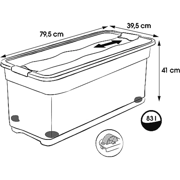 keeeper Aufbewahrungsbox mit Rollen, Deckel und Schiebeverschluss, 79,5 x 39,5 x 41 cm, 83 l, Konrad, Transparent – Bild 2