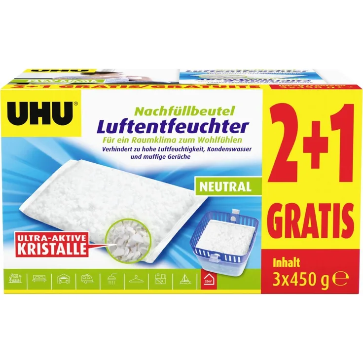 UHU Luftentfeuchter Nachfüllbeutel 450g 2+1 gratis - Bekämpft Feuchtigkeit und Gerüche, geruchlos und geräuschlos, für Räume bis 35 m³ - Preisvergleich