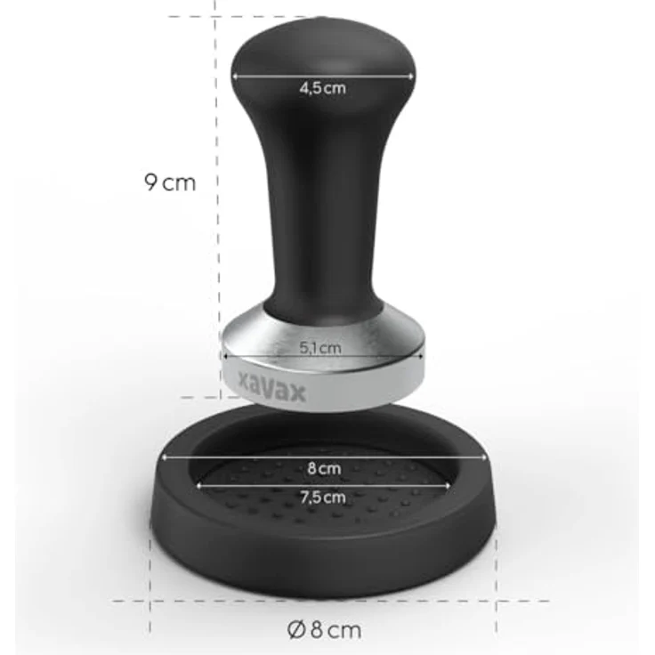 Xavax Kaffee-Tamper 51mm mit Tampermatte Silikon (Barista-Set mit Kaffeestampfer Edelstahl-Tamper-Base 51 mm und Tamper-Ablage rutschfest, Espresso Stamp für Kaffeepulver, Siebträgermaschine) schwarz – Bild 4