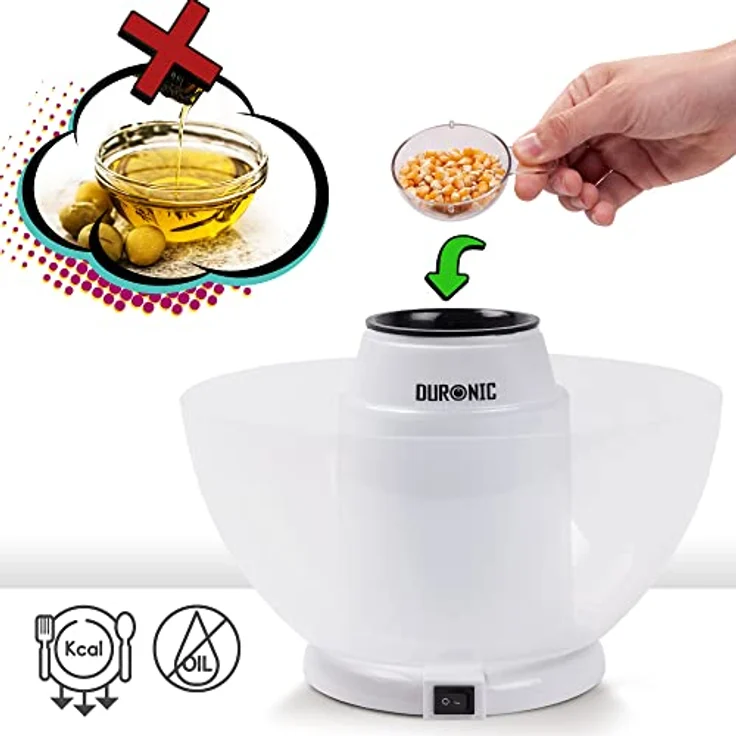 Duronic POP50 WE Popcornmaschine | Heißluft ohne Fett & Öl | 1200 Watt | inkl. Messbecher | für 50 Gramm Mais | abnehmbare Schüssel | Ölfreies Popcorn | Kalorienarm | Weiß – Bild 3