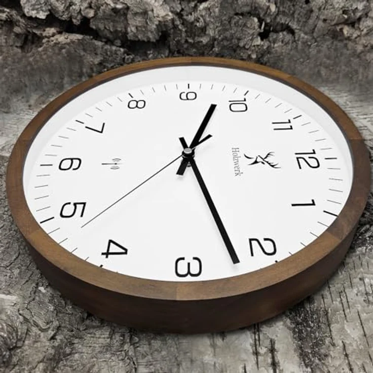 Holzwerk Germany Natur Holz Funkwanduhr Funk Wanduhr Holz-Uhr Vintage Funkuhr lautloses Uhrwerk ohne Tickgeräusche Braun Weiß lautlos aus handgefertigtem Massivholz Natur Holz 30 cm (Funkwerk.Braun) – Bild 5