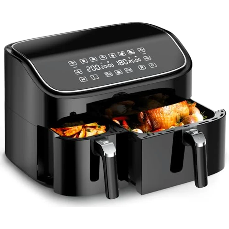 cookwise Heißluftfritteuse 9L, 2 Kammern (3L & 6L), 6-in-1, Touchscreen, spülmaschinenfeste antihaftbeschichtete Körbe, fettfreies Kochen ohne Öl – Bild 1