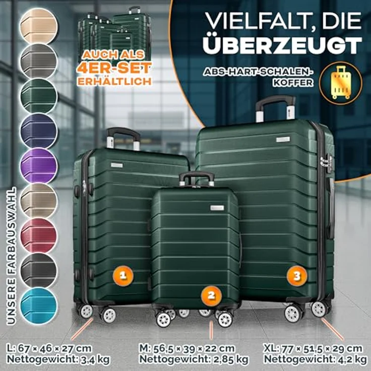 tillvex® Reisekoffer Set 3-TLG. Hartschalenkoffer mit 4 Rollen, integriertes TSA-Schloss, inkl. Gepäckwaage, Koffergurte & Kofferanhänger, Farben: Armeegrün, Größen S-M-L-XL – Bild 5