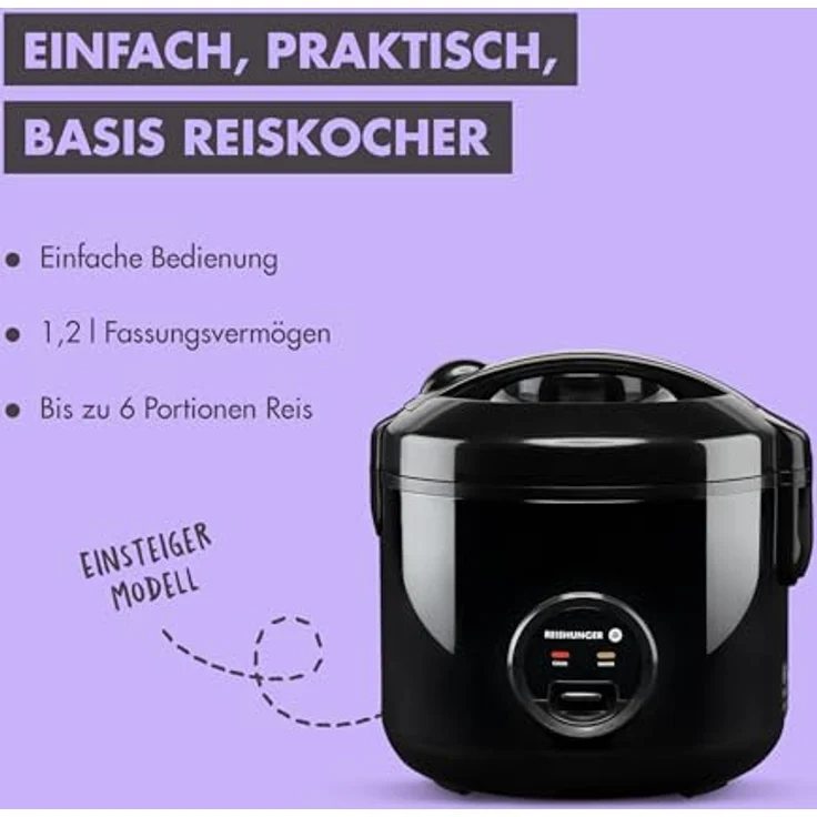 Reishunger Reiskocher & Dampfgarer mit Keramikbeschichtung Starterset (10-teilig), Schwarz - inkl. Dämpfeinsatz, Löffel, Messbecher, 8-teiligem Reisset & Edelstahl Reiswaschschüssel, 1.2l Fassungsvermögen, 500W, GS zertifiziert – Bild 3