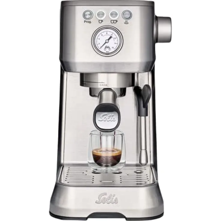 Solis Espressomaschine Siebträger Barista Perfetta Plus 1170 V2 - Siebträgermaschine - Manometer - Dampf-/Heißwasserdüse - Temperaturregler - 54 mm Siebträger - Doppelauslauf - Silber