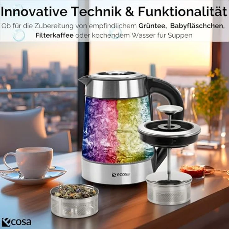Ecosa® 2in1 Wasserkocher & Teekocher, Glas Edelstahl, 1,7 Liter, 2200 Watt, Temperatureinstellung 40°C-100°C, LED, Warmhaltefunktion, BPA-frei – Bild 2