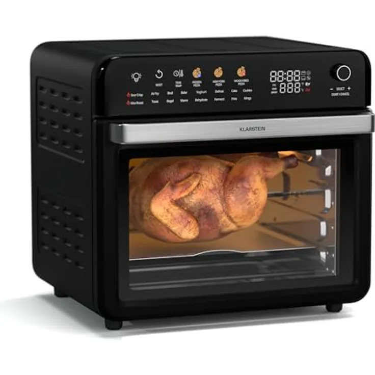 Klarstein AirGlaze Digital Heißluftfritteuse – 34 L, 2200 W, 19 Programme, Rotisserie, Touch Display, Pizzastein & Grillroste, Doppelt Verglaste Tür, Schwarz