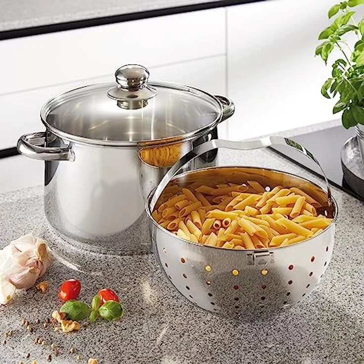 Beyond Nudeltopf 24 cm, Edelstahl Kochtopf mit Glasdeckel und herausnehmbarem Siebeinsatz, Pastatopf für Induktion und alle Herdarten geeignet, auch zum Braten und Suppen zubereiten verwendbar – Bild 4