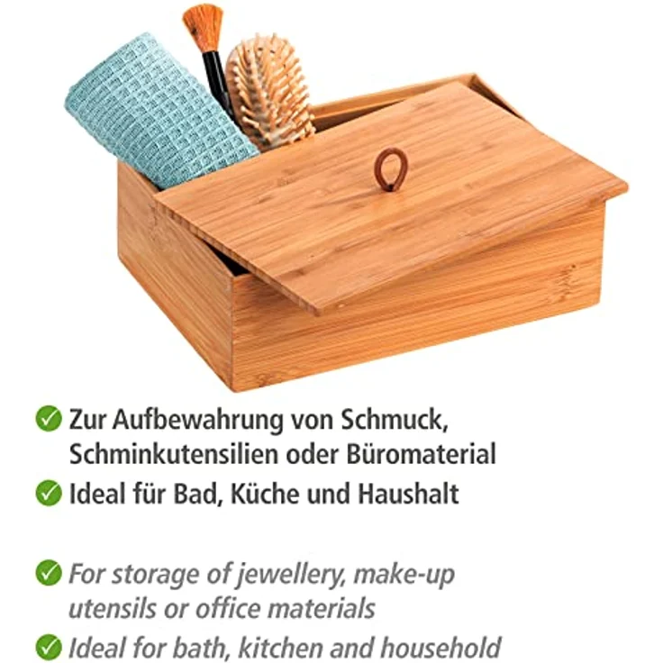 WENKO Bambus Box Terra mit Deckel L, Organizer-Dose für Küche, Bad und den gesamten Haushalt für Badartikel, Küchenutensilien oder Süßigkeiten, mit praktischer Schlaufe, 22 x 7 x 15 cm, Natur – Bild 3
