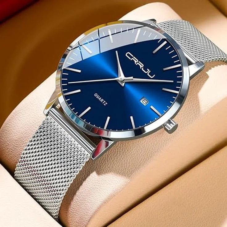 CRRJU Ultra Dünne Herren Uhr, Wasserdichte Armbanduhr mit Schwarz Edelstahl Meshband, Analog Quarz, Silber Blau – Bild 5