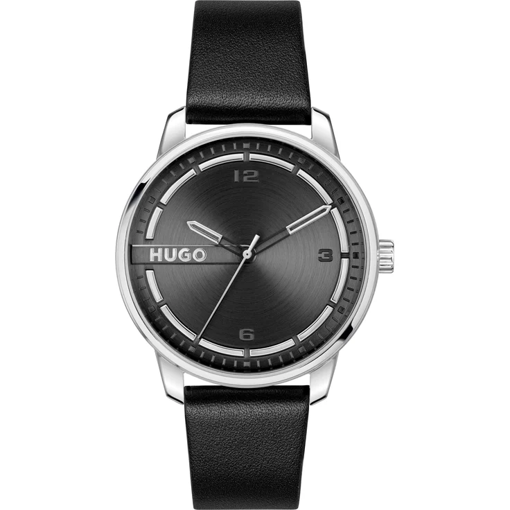 HUGO Quarzuhr #STAMP, Herrenuhr mit Lederarmband, analog, schwarz – Bild 1