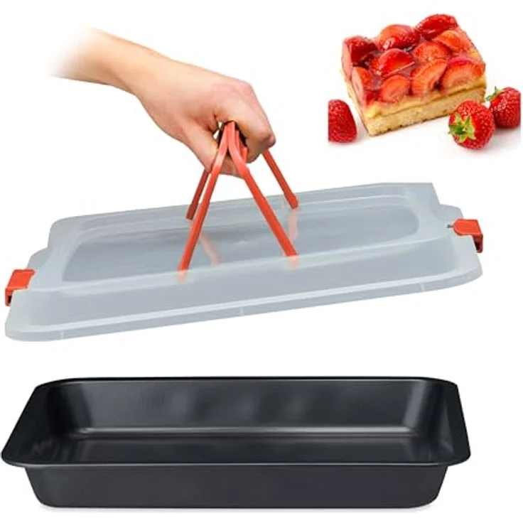 relaxdays Backblech mit Deckel, 3-in-1 Kuchenform aus Carbon-Stahl, rot, antihaftbeschichtet, mit Tragegriffen und Verschlussclips – Bild 1