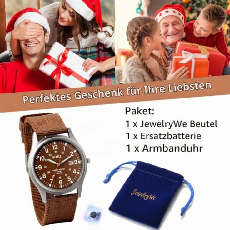 JewelryWe Militäruhr Herren, Analog Quarz Armbanduhr mit 12/24H Datum Kalender, Braun Nylonarmband und Leuchtzeiger, 10m wasserdicht – Bild 4