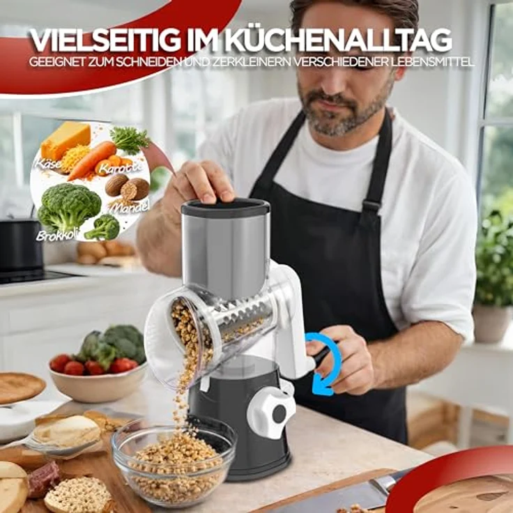 BI International Gemüseschneider mit Kurbel, Trommelreibe mit 3 Edelstahl-Klingen, stabiler Saugfuß und praktischer Lebensmittelschieber – Bild 6