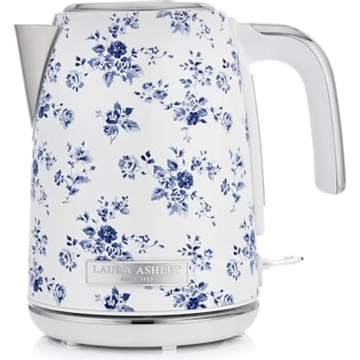 VQ Laura Ashley China Rose Kabelloser Edelstahl-Wasserkocher, 1.7 Liter, 2.2 kW Schnellkochtechnologie mit Überhitzungsschutz und externem Thermometer