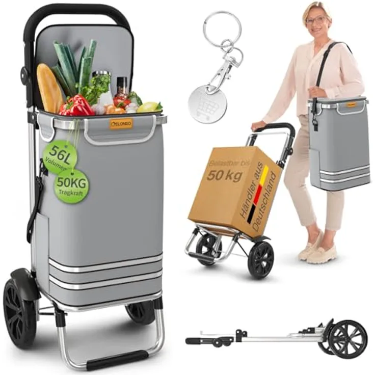 ELONEO Einkaufstrolley klappbar, 3in1 Einkaufswagen mit Kühlfach, 56L Kapazität, Silber, abnehmbare Umhängetasche & Sackkarre bis 50kg