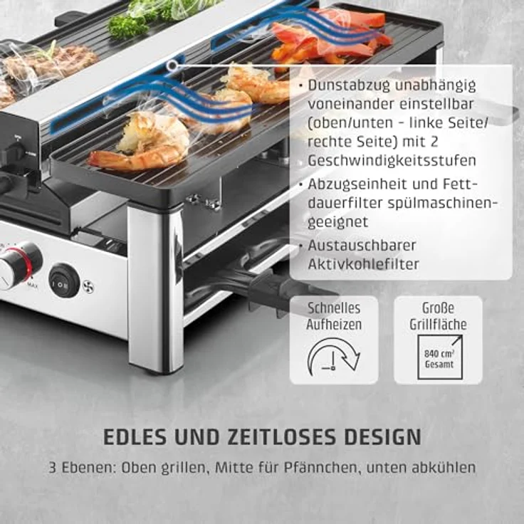 CASO Raclette AirClean, Raclettegrill mit Dunstabzug für 8 Personen, 1500 Watt, PFAS-freie Antihaft-Keramikbeschichtung, austauschbarer Geruchs- und Kohlefilter – Bild 4