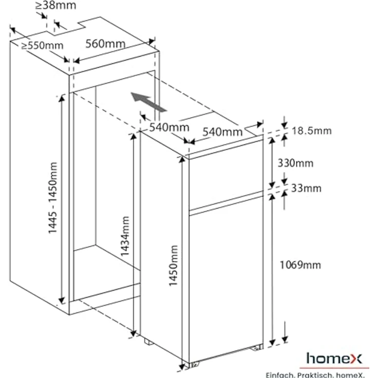 homeX CFB2051E Einbaukühlschrank mit Gefrierfach, 205 Liter, Schlepptür, für 145 cm Nische, Energieeffizienzklasse E, leiser Betrieb 37 dB – Bild 3