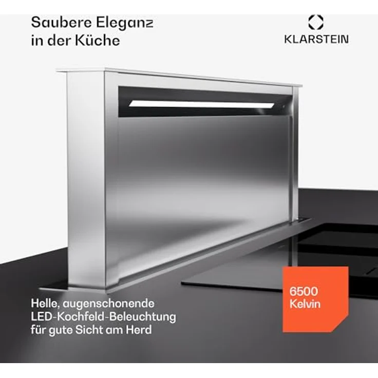 Klarstein Royal Flush Eco 90, Versenkbare Downdraft-Dunstabzugshaube mit 576m³/h Luftstrom, LED-Beleuchtung & Touch-Bedienfeld, Edelstahl – Bild 2