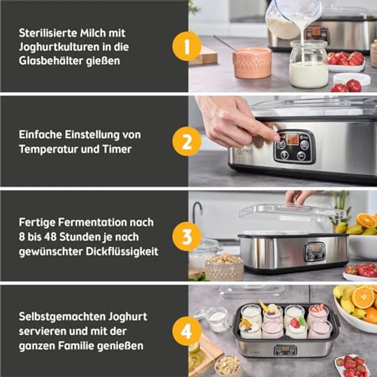 TZS FIRST AUSTRIA Joghurtbereiter Joghurt Maker, 25 W, 8 Gläser à 190 ml, Edelstahl, LCD-Display, Temperatursteuerung, Timer- und Auto-Stop-Funktion – Bild 5