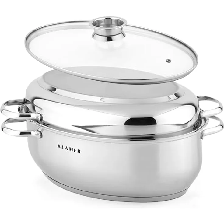 KLAMER Bräter mit Deckel 41 cm, 8,5L XXL Edelstahl Bräter für alle Herdarten, inkl. Induktion, mit 4L Deckelpfanne