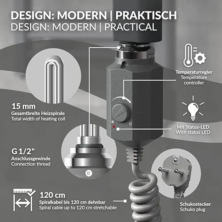 LuxeBath Heizstab 300W Graphit, Badheizkörper Heizpatrone mit Thermostat, Frostschutz und IP 44 Schutzart – Bild 3