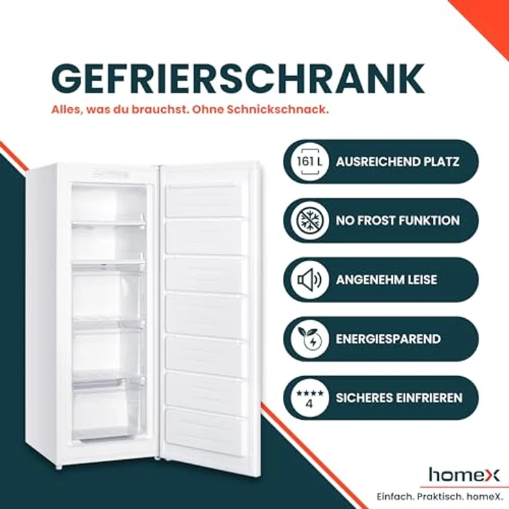 homeX FSN1611E-W Gefrierschrank No Frost, 161L Nutzinhalt, 4-Sterne Gefrieren, Super-Frost-Funktion, weiß – Bild 2