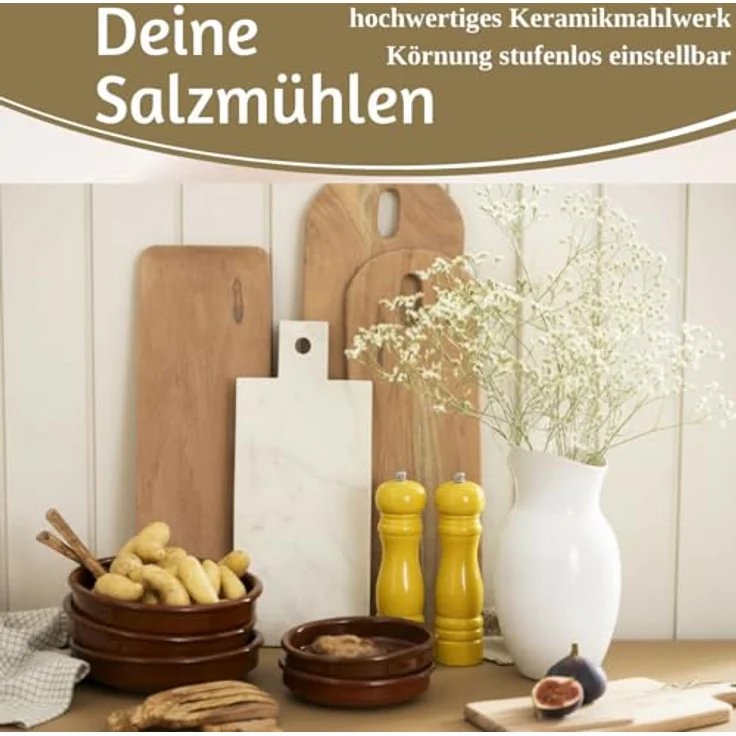 LS-LebenStil Salz-/Pfeffermühle Set iB Laursen, manuelle Holz-Gewürzmühle in Gelb, 21x5cm, stufenlos einstellbares Keramikmahlwerk für grobes Salz und schwarze Pfefferkörner, 2 Stück – Bild 7