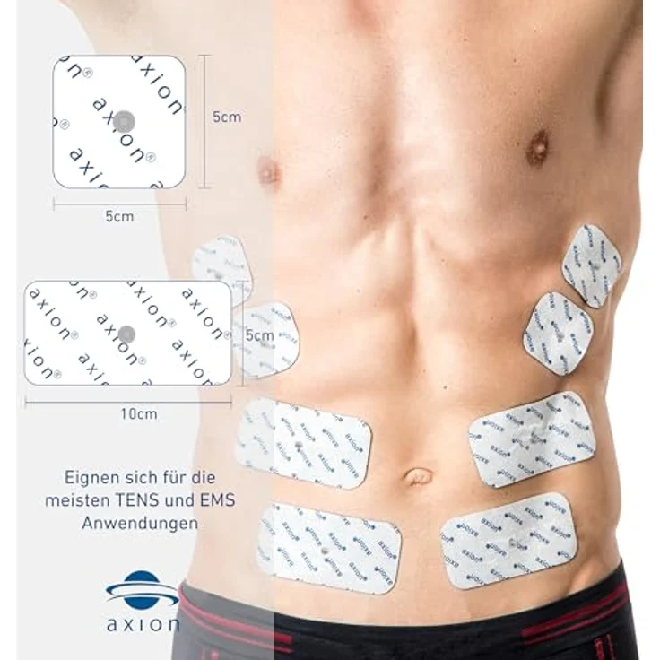 Axion Elektrodenpads für TENS EMS Geräte, Set mit 12 selbstklebenden Elektroden, 10x5cm (4x) & 5x5cm (8x), 3.5mm Druckknopf – Bild 3