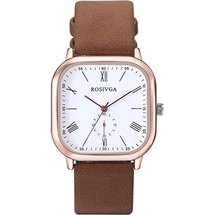 JewelryWe Herren Damen Armbanduhr Klassische Analog Quarz mit römischen Ziffern, quadratisches Zifferblatt, Lederarmband Braun, wasserdicht bis 10M – Bild 1