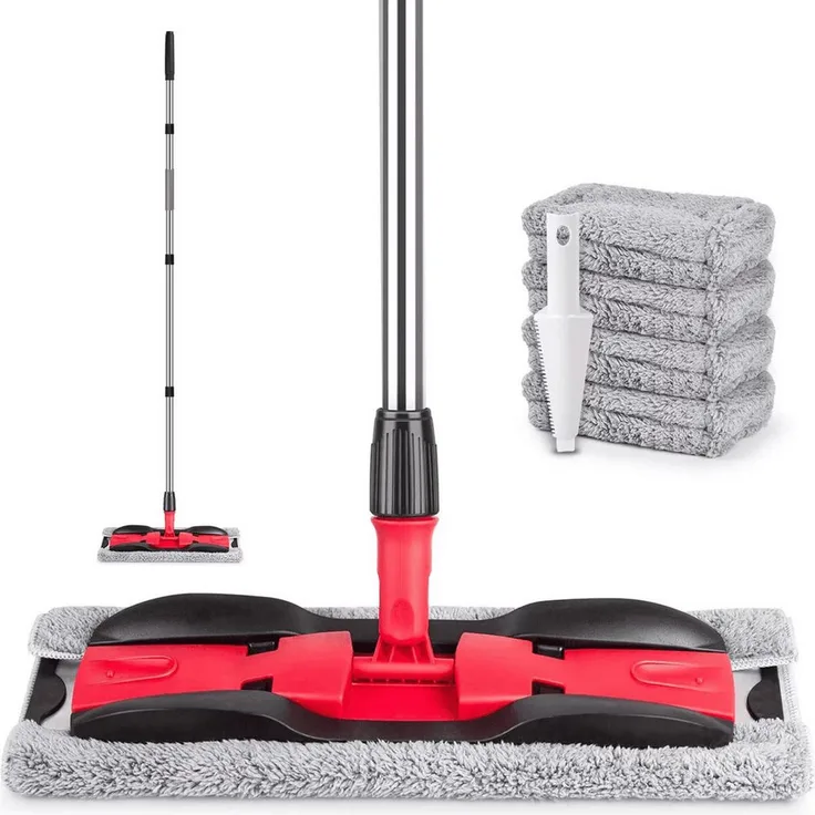 HUGERSTONE Wischmopp Bodenwischer Set mit 150cm Teleskopstiel, 360° drehbarem Moppkopf und 4 Mikrofaser-Pads, Nass- und Trockenwischmop für alle glatten Böden