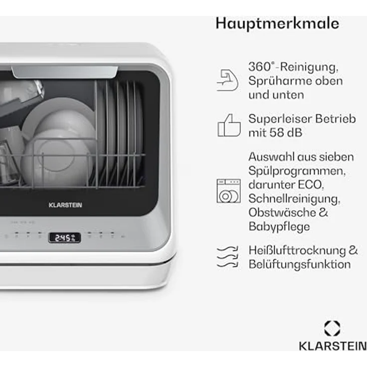 Klarstein Amazonia Mini Geschirrspüler, Kompakte Tischspülmaschine mit Wassertank, 7 Programme, 5L Wasserverbrauch, Digitalanzeige, Leise 58dB, Tragbar, Silber – Bild 3