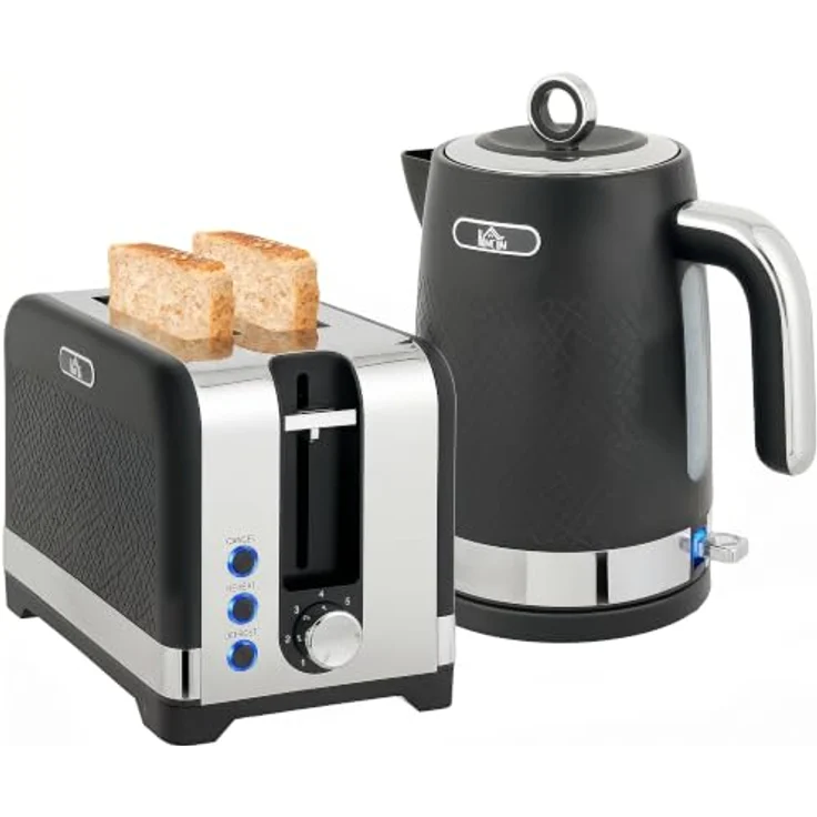 HOMCOM Wasserkocher- und Toaster-Set, 2200 W, 1,7 l mit Thermostat, Schwarz, Anti-Rutsch-Füßen und herausnehmbarer Krümelschublade – Bild 1