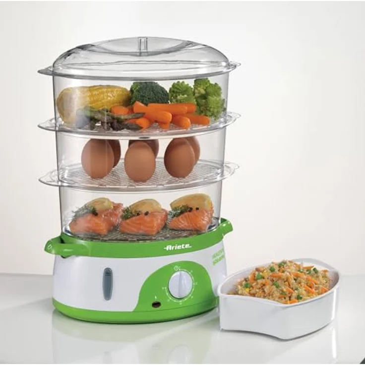 Ariete 911 Healty Steam Elektrischer Dampfgarer mit Timer 60', 3 Körben, Wasserstandsanzeige, Behälter, platzsparend, 800 W, 9 l, Weiß-Grün – Bild 3