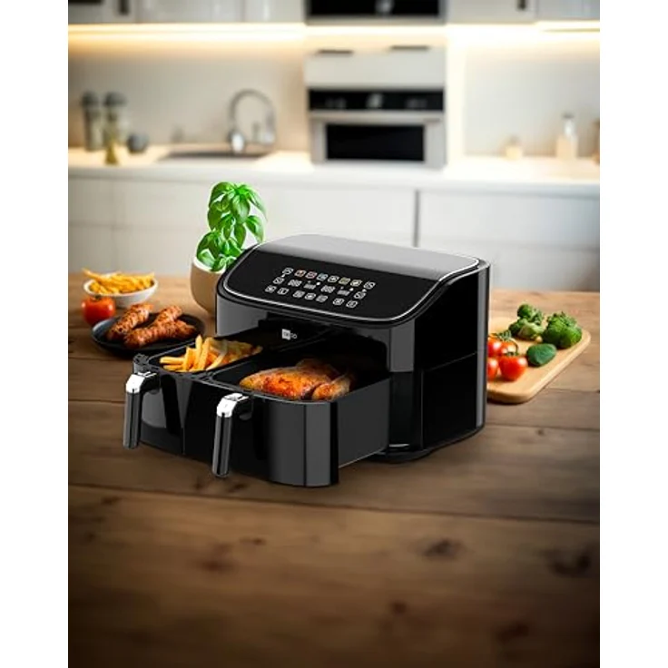 aeco DUO Doppelkammer AirFryer 9 Liter (3l & 6l, Sync-Funktion, Heißluftfritteuse mit digitalem Touch-Display & Dehydrierungsfunktion, 2850 Watt, 80°-200° einstellbar, 6 Programme, inkl. Rezeptheft) – Bild 4