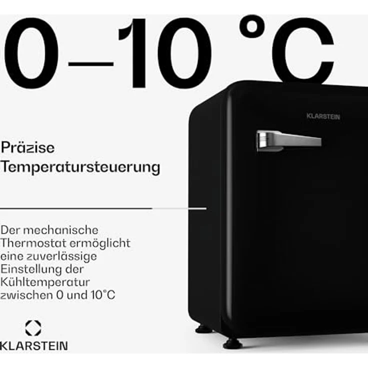 Klarstein Audrey Evo 68L Retro Mini Kühlschrank, 40 dB, kompakt mit verstellbaren Füßen, Wendetür, mechanischem Thermostat, schwarz – Bild 4