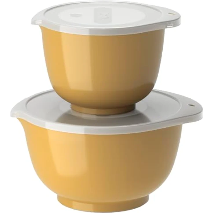 Rosti Margrethe Schüssel Set, Rührschüssel Set, 4-Teilig mit 2 Rührschüsseln und 2 Deckel, Teigschüssel aus Recycelbarem Kunststoff, Curry – Bild 1