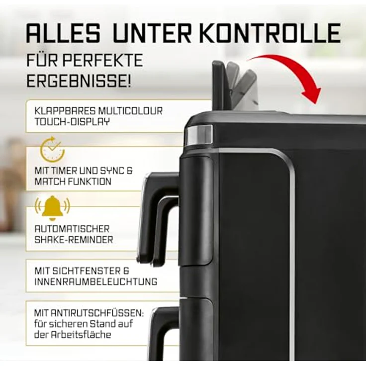 GOURMETmaxx FryUp3, Vertikale Heißluft-Fritteuse mit 3000W, 17l, 3 Frittierkammern und Sichtfenster, schwarz/Edelstahl – Bild 9
