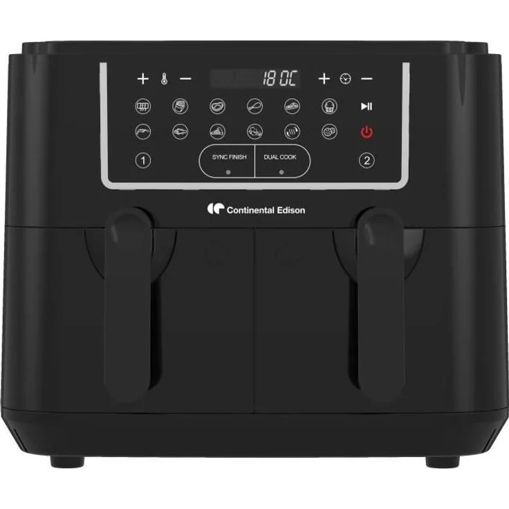 CONTINENTAL EDISON RFRSH24002CB, Ölfreie Heißluftfritteuse mit 9 l Doppelschalen und 2400 W, Schwarz