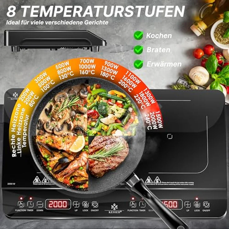 KESSER® Induktionskochplatte Induktionskochfeld 2 Platten 3500W Tragbares 57cm Kochplatte + 3x Mikrofasertuch + 1x Rezeptbuch, 8 Heizstufen, 4-Stunden-Timer, Touch-Steuerung, Booster-Funktion 220-240V, Kristallglasgehäuse, Kindersicherung, Auto-OFF-Funktion, Transportfähig – Bild 4
